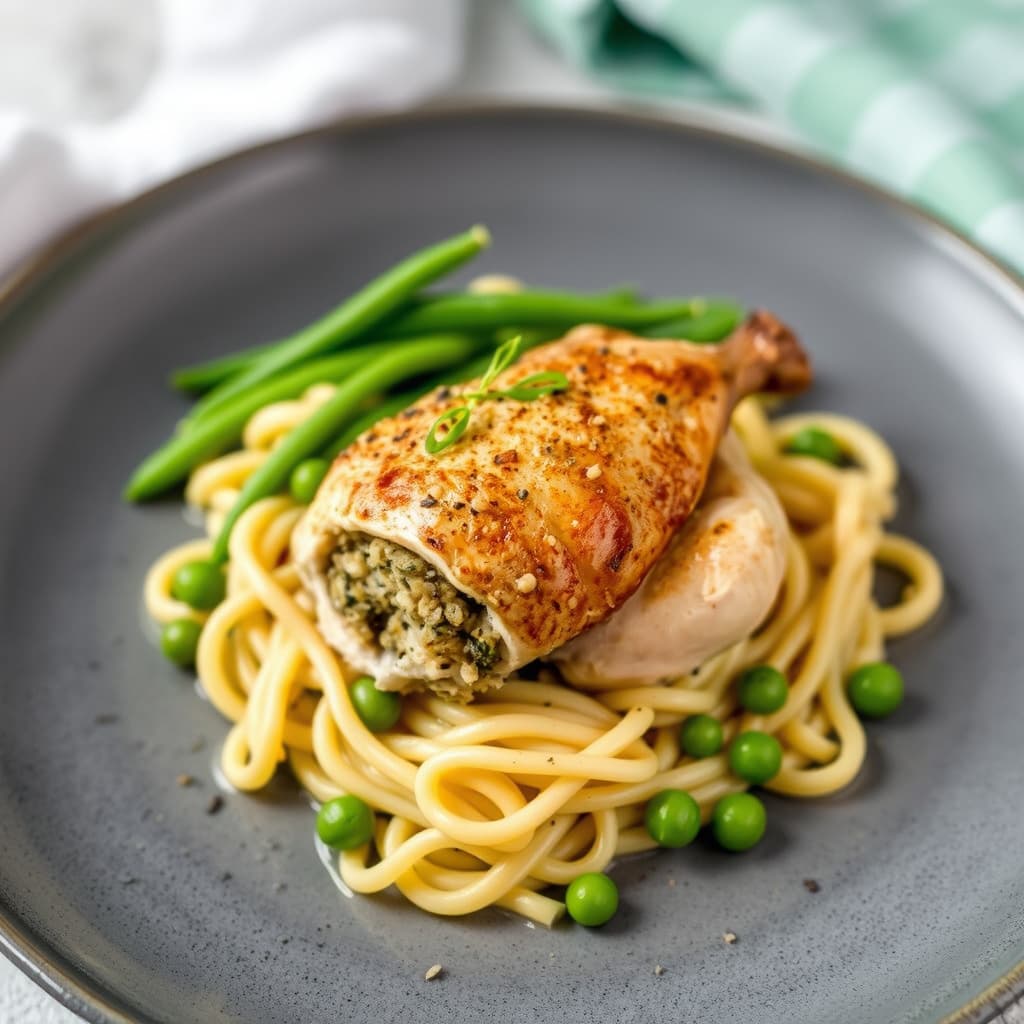 Fyllt vaktel, servert på en seng av pastina med moreller og ferske erter