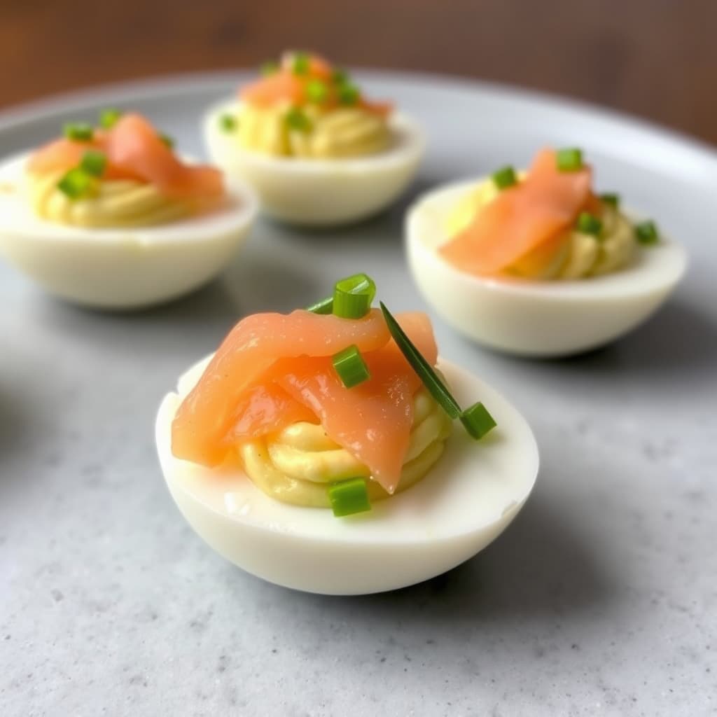 Fylte egg med røkt laks og vårløk