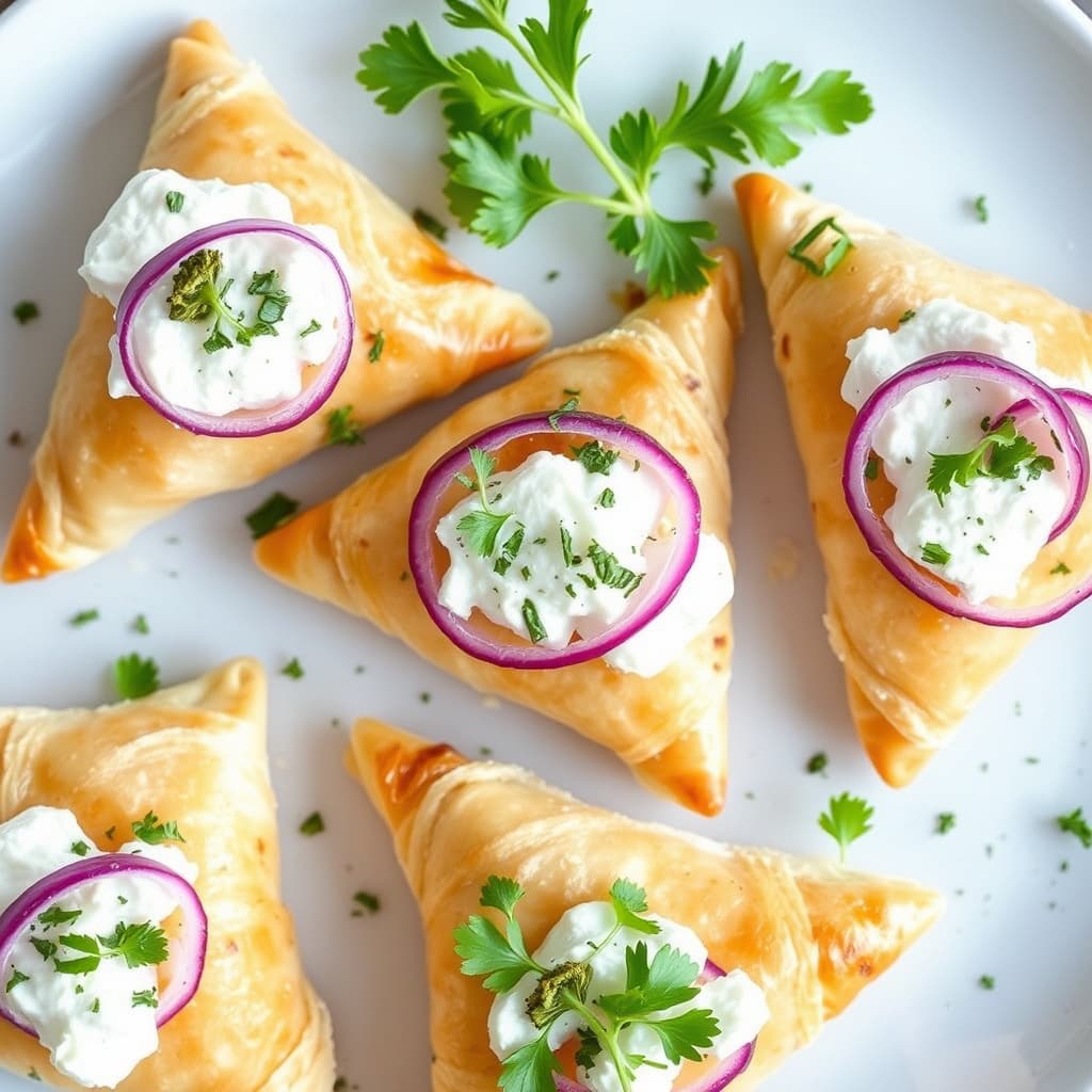 Fylte filotrekantene med geitost og rødløk