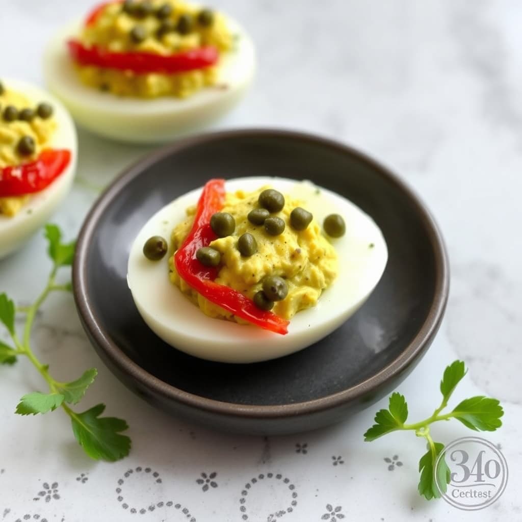 Fylte grønne egg med ovnsbakt rød paprika og kapers
