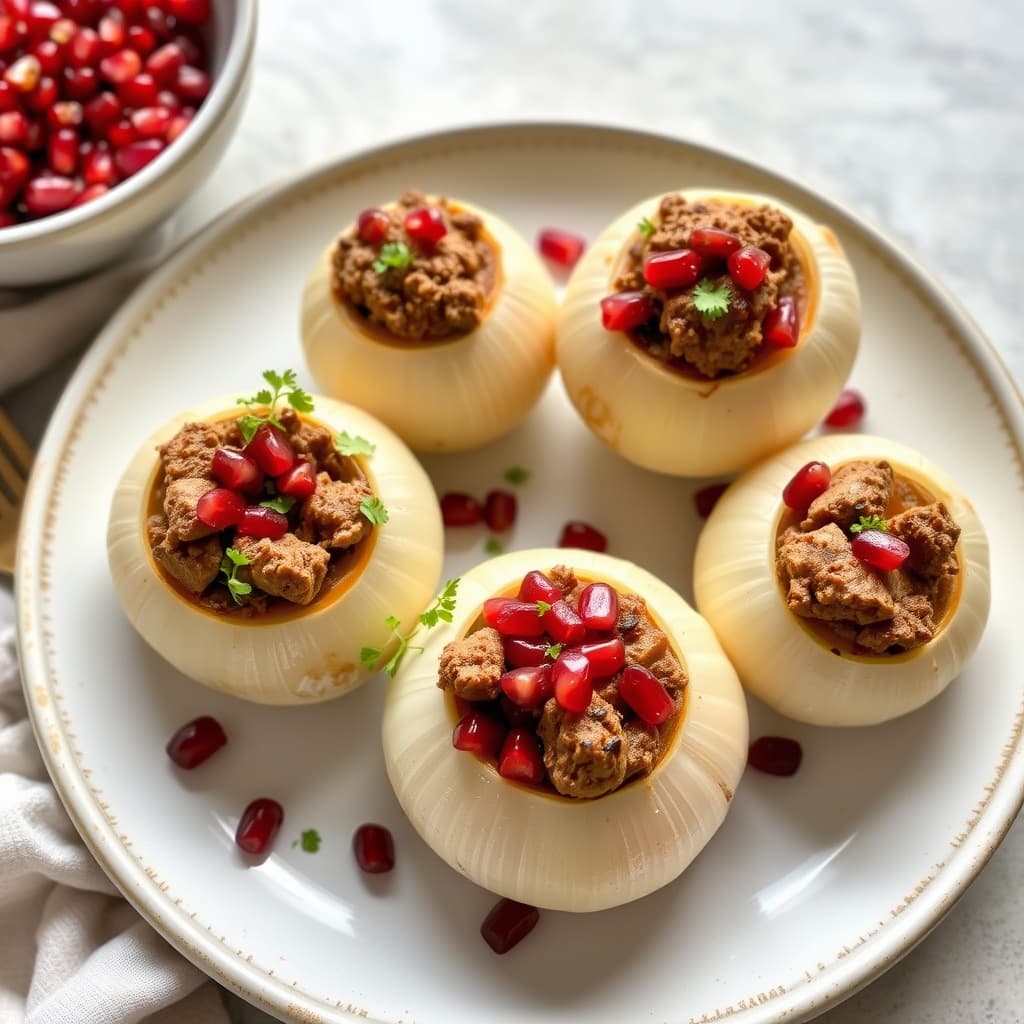 Fylte løk med krydret lam og granateple