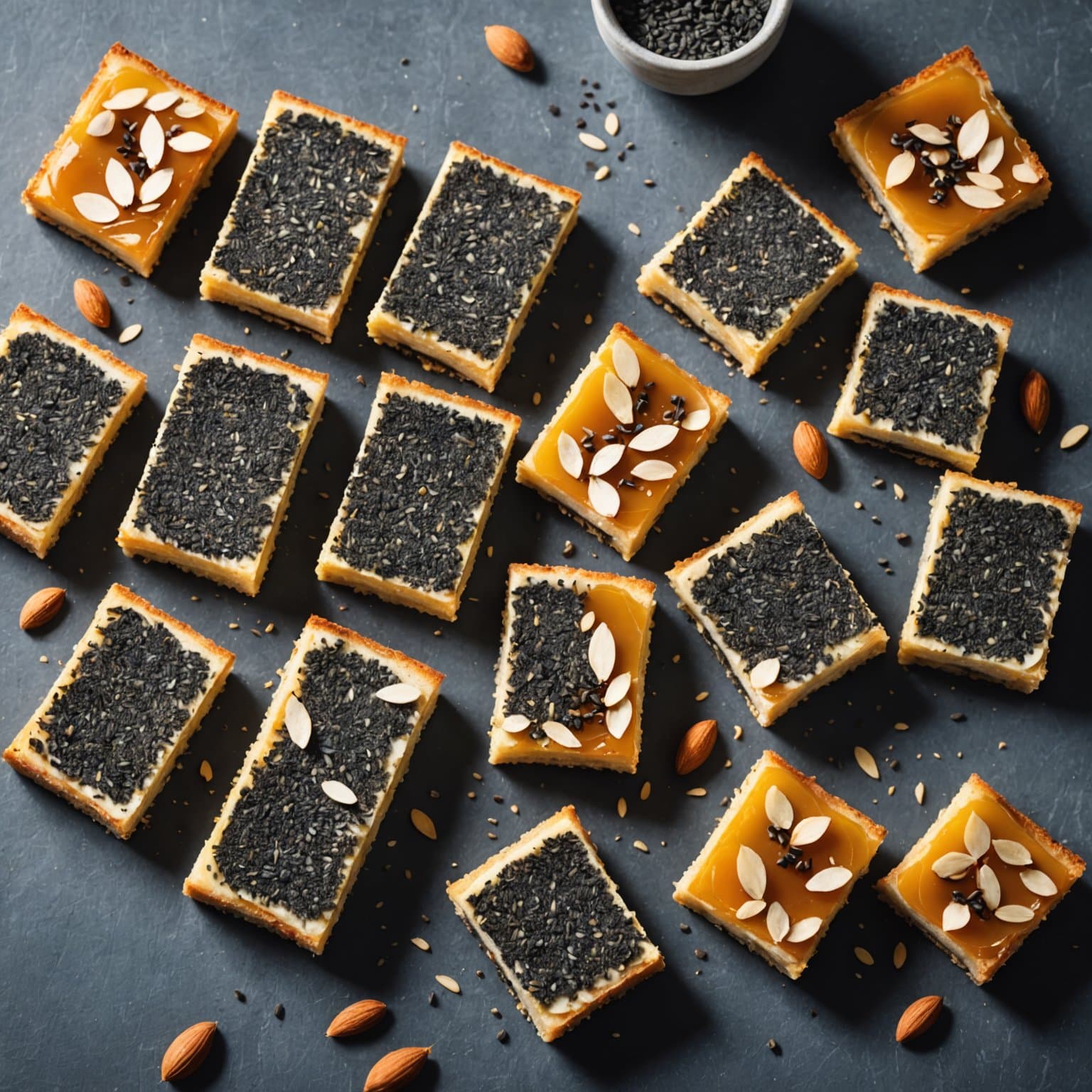 Fylte mandelskiver med valmuefrø