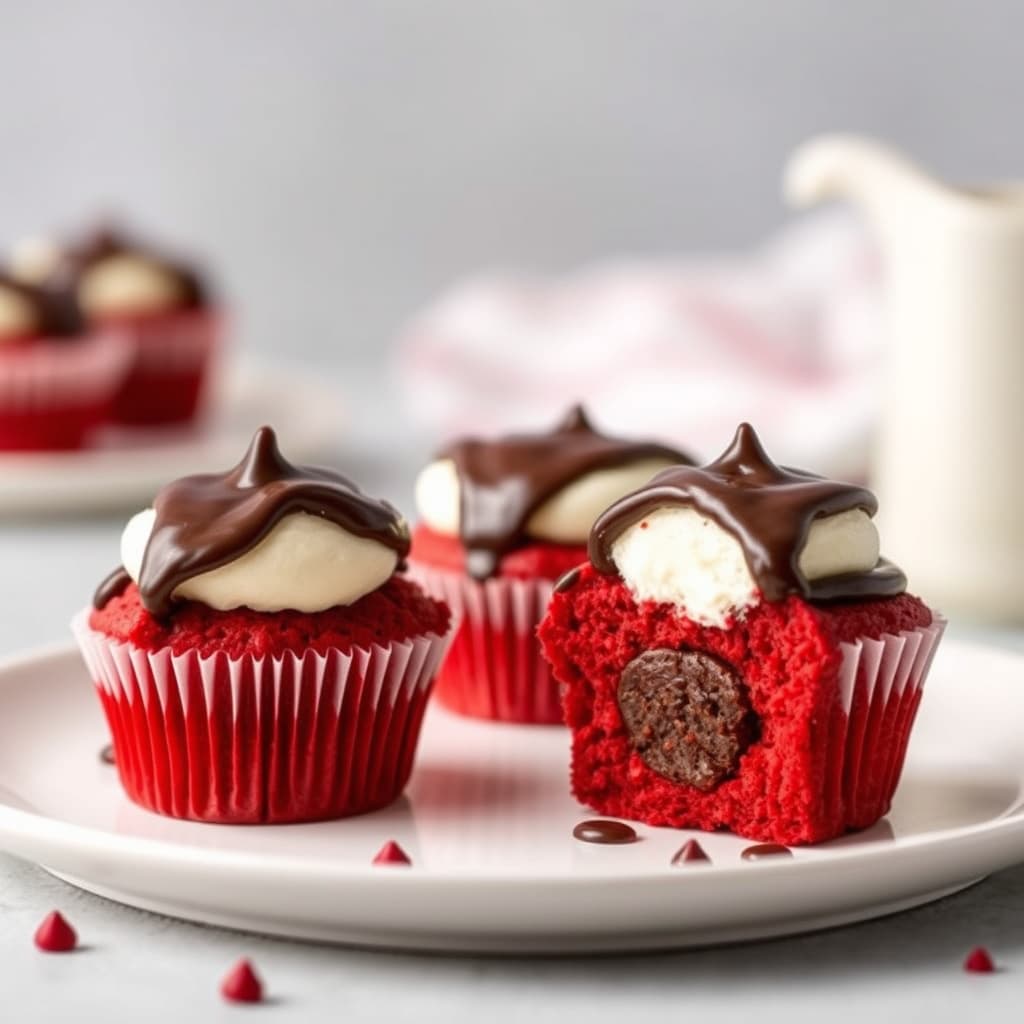 Fylte rød velvet-kaker med sjokoladetrekk
