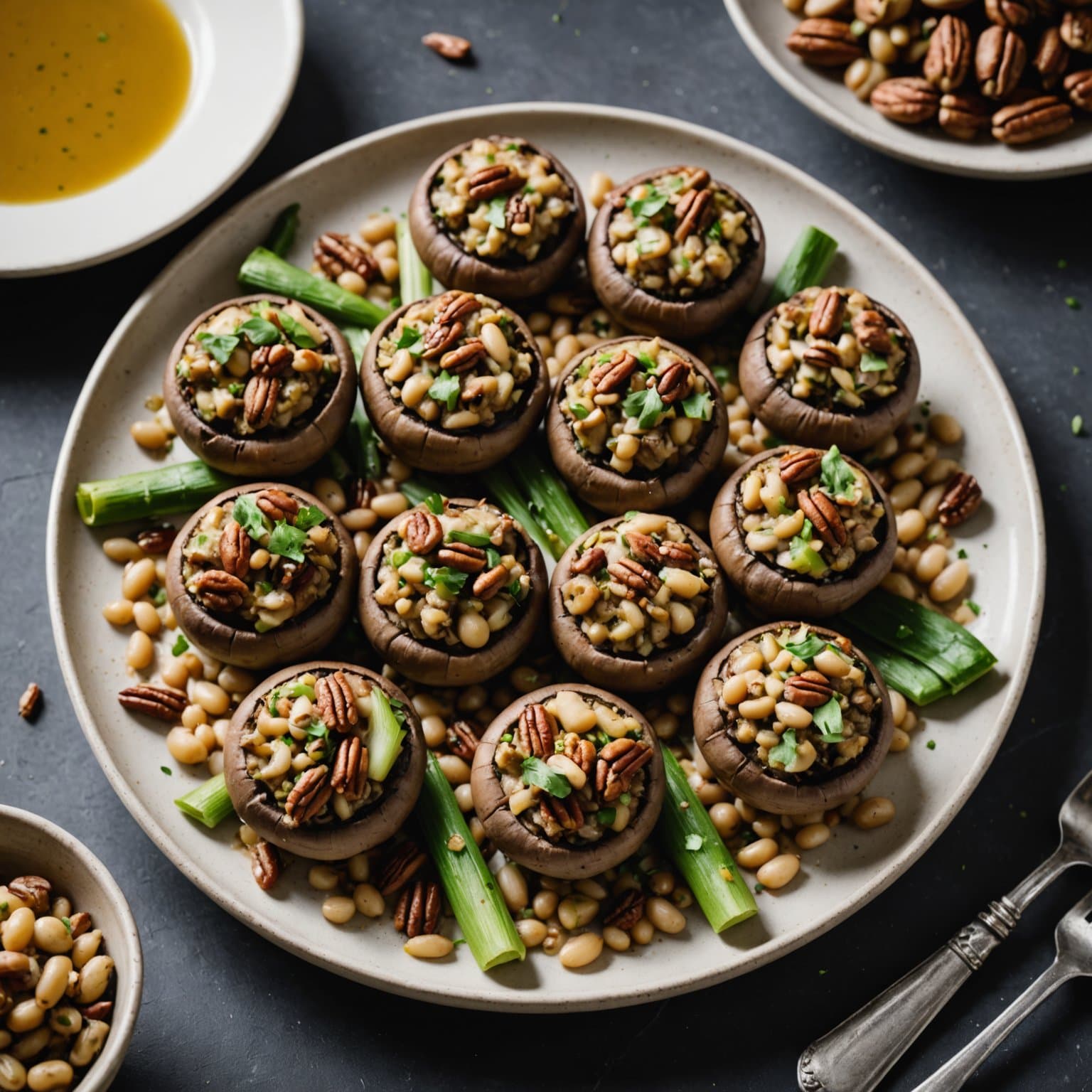 Fylte sopp, purre, hvite bønner og pekannøtter