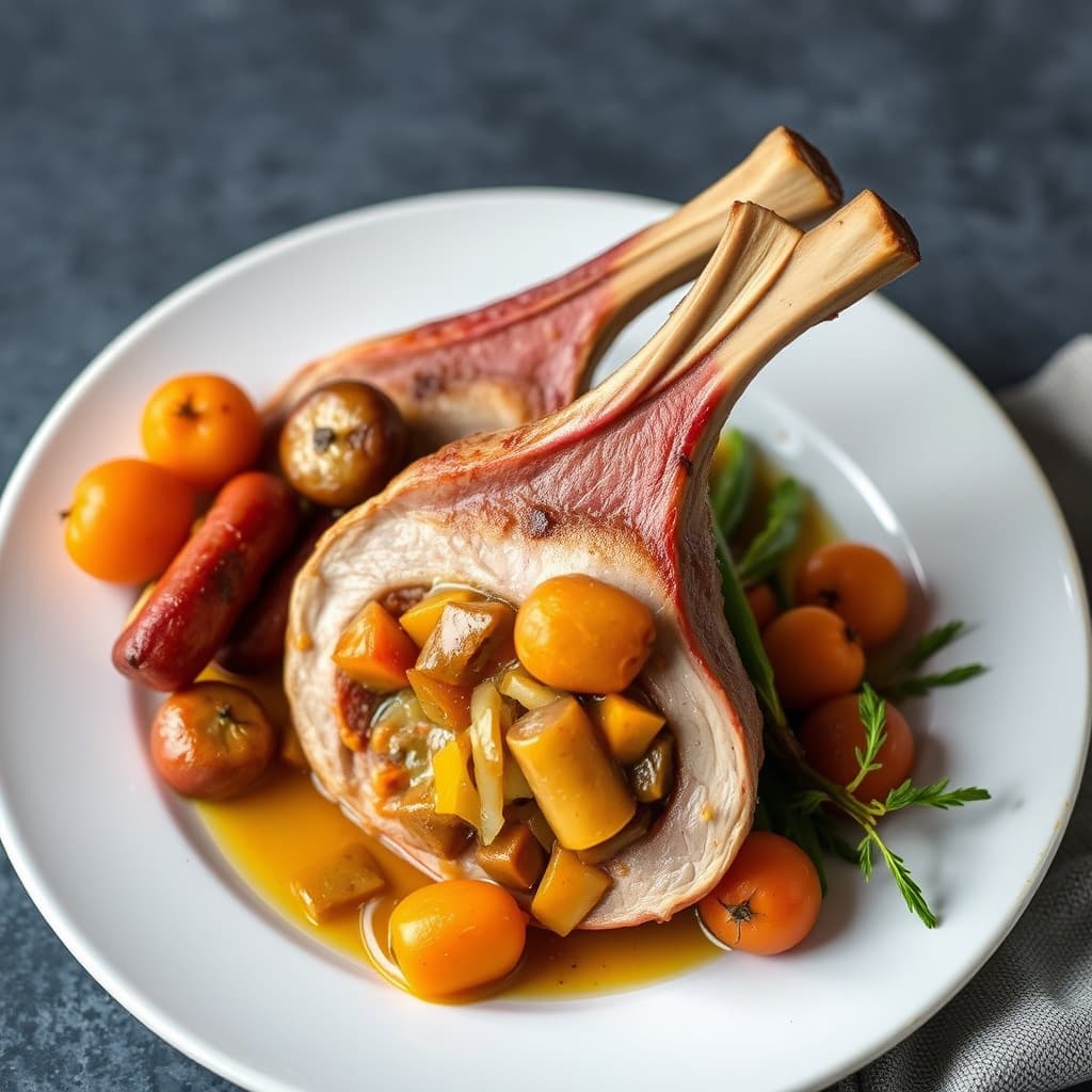 Fylte svinekoteletter med pølse og aprikoser