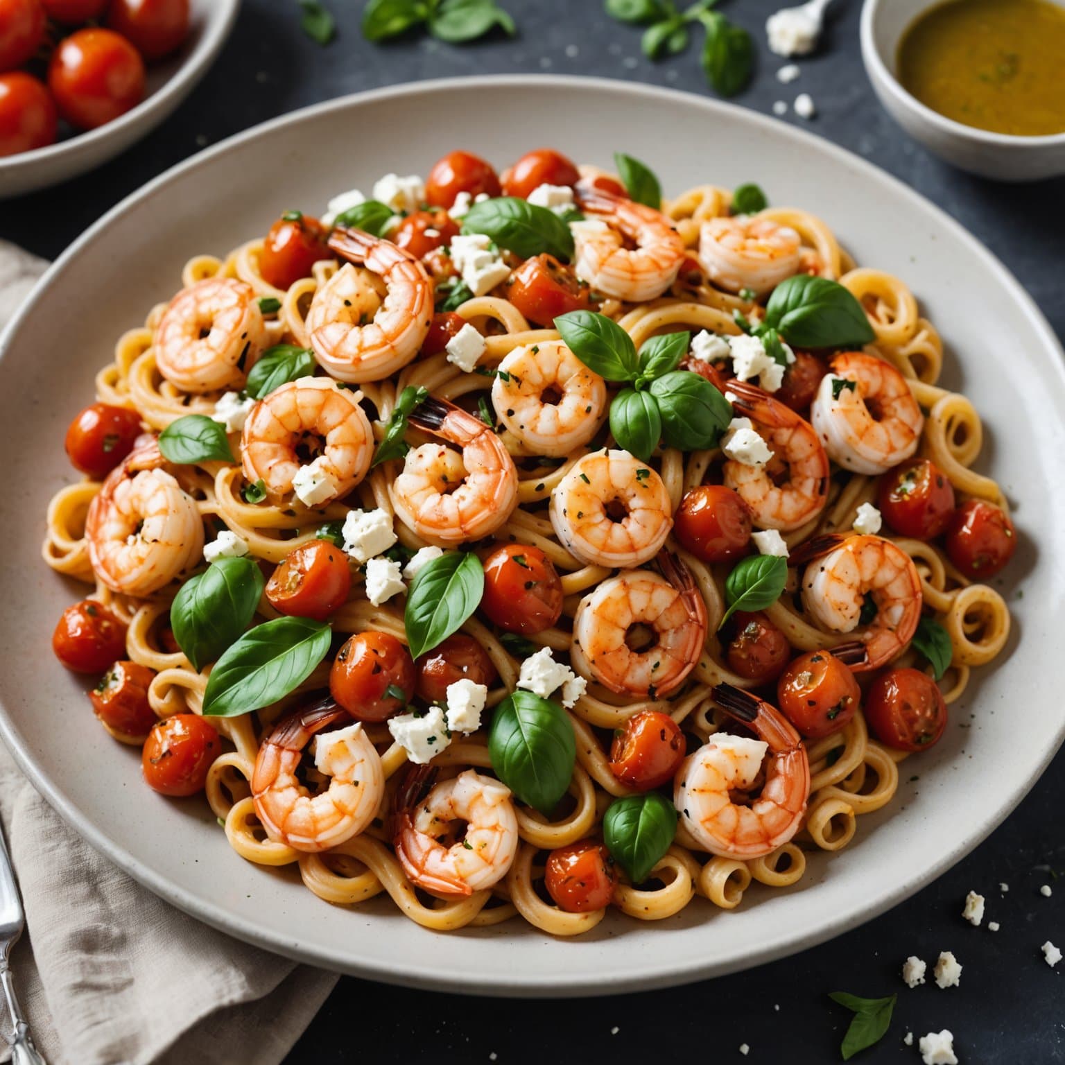 Fyrstekt tomat- og feta-pasta med reker