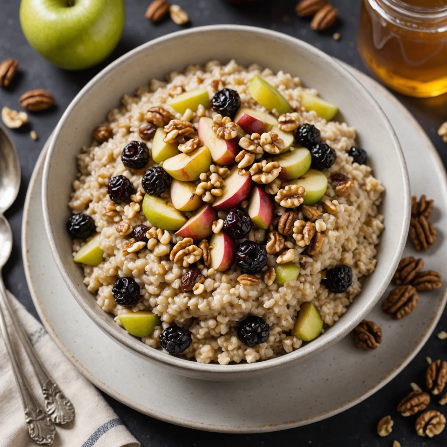 Gammeldags havregrøt med epler, rosiner og honningristede valnøtter