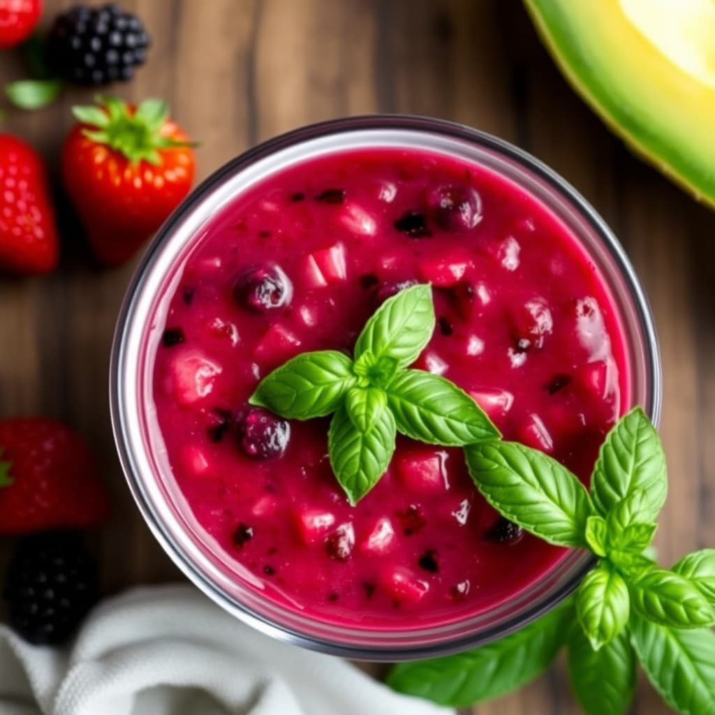 Gazpacho med blandede bær og basilikum