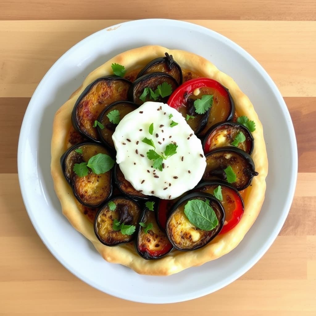 Geitost, aubergine og ristet paprika-tart