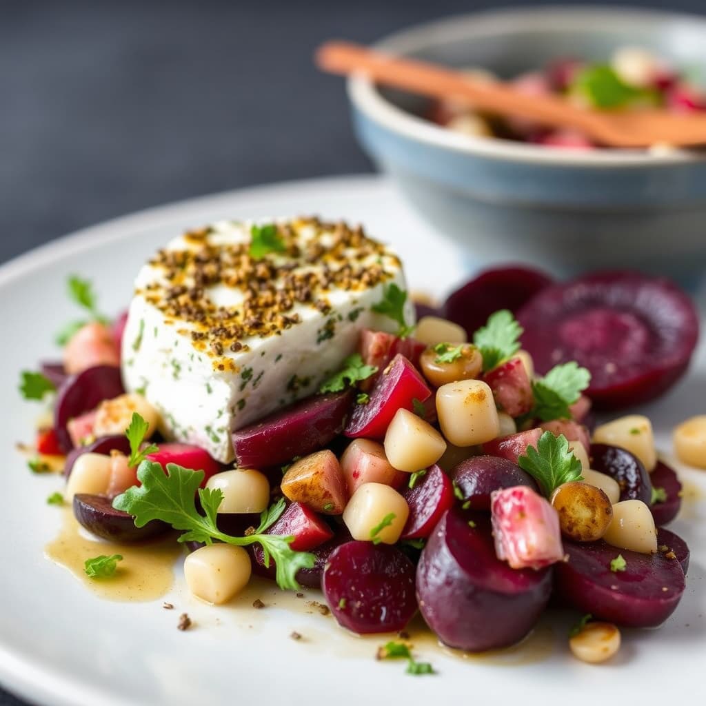 Geitost med urter og salat av gamle rødbeter