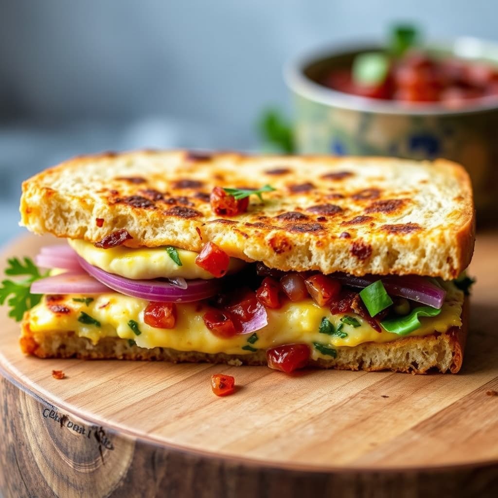 Geitost- og rødløksfrittatasandwich med sprøtt tilbehør av pepperrelish