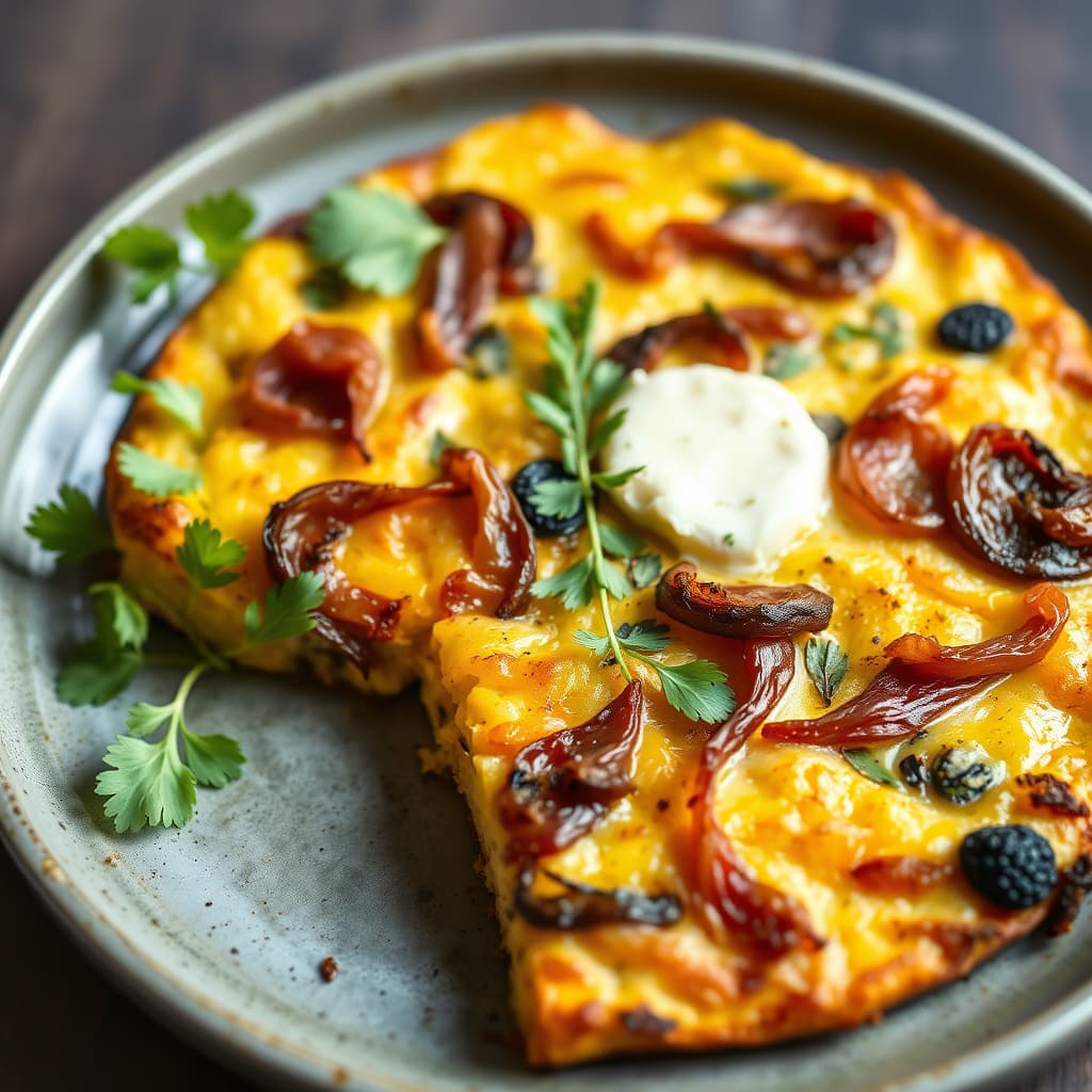 Geitost, prosciutto og karamellisert løk-frittata