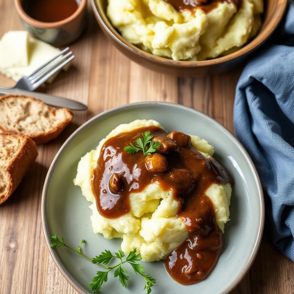Geitostmos med potetmos og oksekraftsaus med kaffearoma