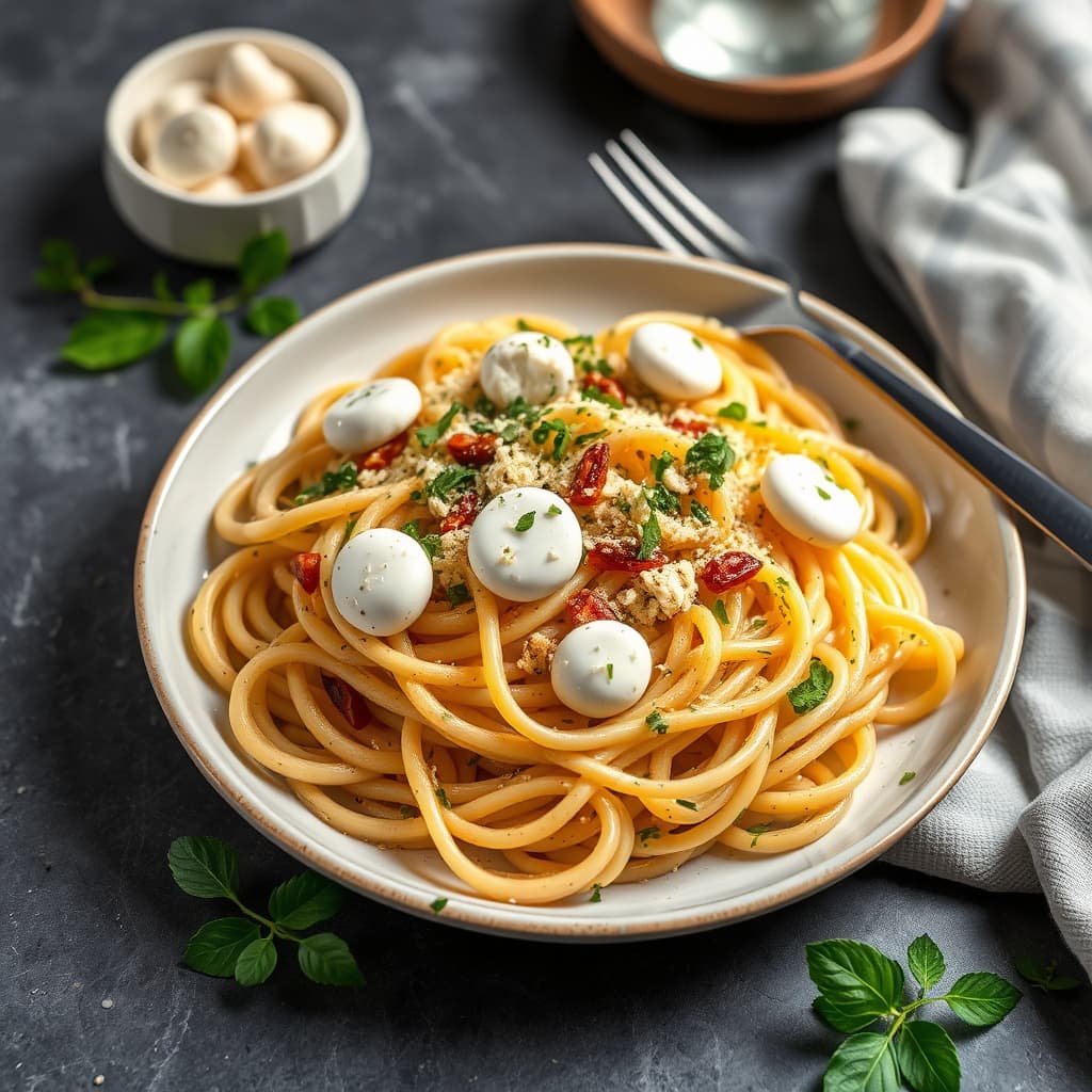 Gemelli med hvitløk, urter og bocconcini-mozzarella