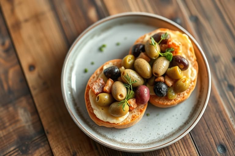 Grønne oliven og geitost crostini