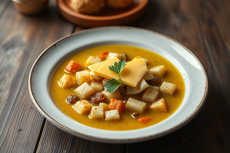 Løksuppe med potet, sopp og cheddarost