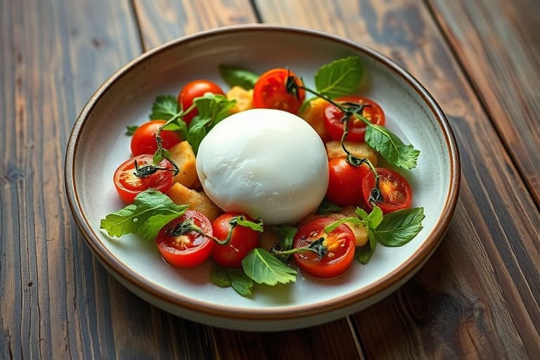 Burrata, japanske tomater, panzanella, vill ruccola