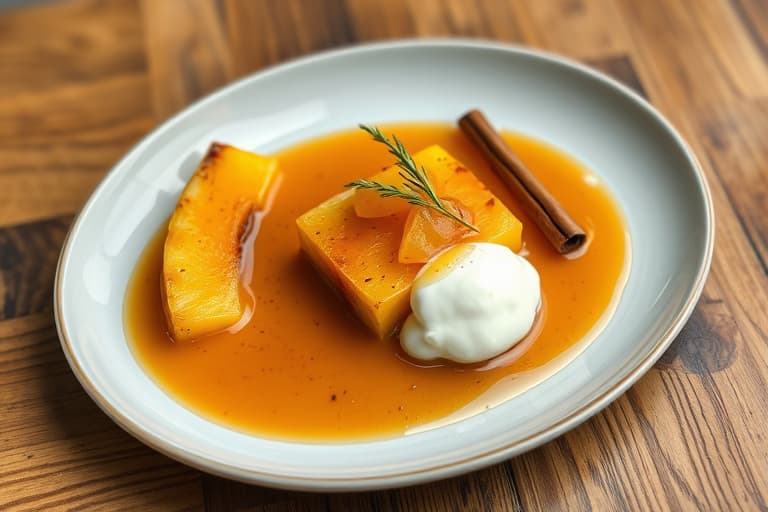 Poached Pineapple in Cinnamon Syrup with Yogurt Cheese