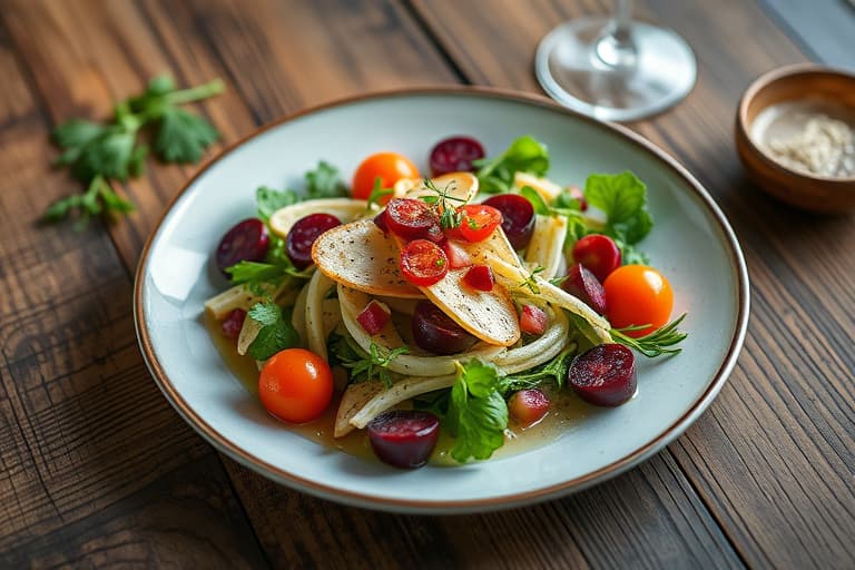 Ristet grønnbønnesalat med rødløk og rødbete
