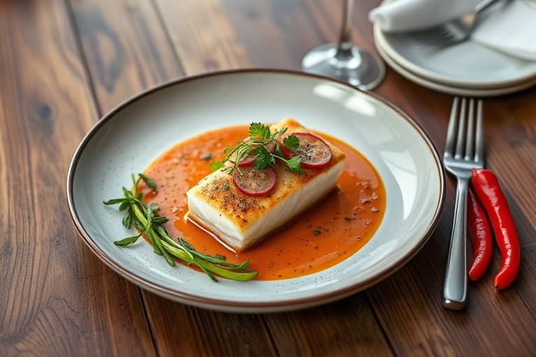 Pannestekt sjøbass med ovnsbakt rød peppersaus og brokkolipuré