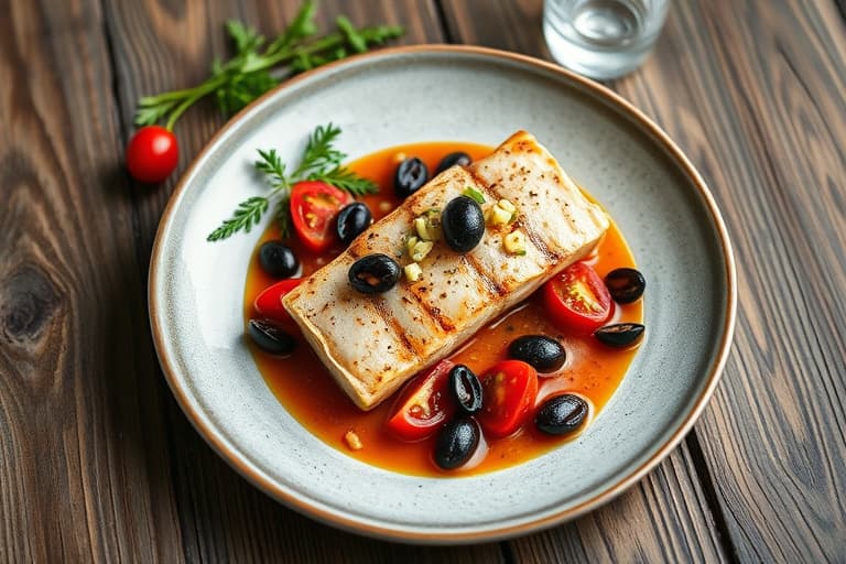 Marinerte reker på rosmarinstikk med cherrytomater, svarte oliven og hvitløks salsa