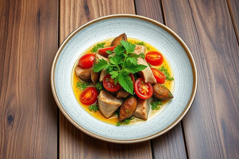 Sautert Moi, revet nepe, koriander, tomat, visnet vannkarse og Manoa-salat, tørket reke-nage