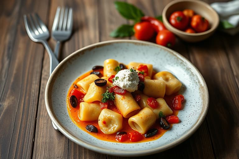 Artisjokk- og hvitbønneravioli med fersk erte-saus, Piquillo-peppersalat med svarte oliven og Ricotta Salata