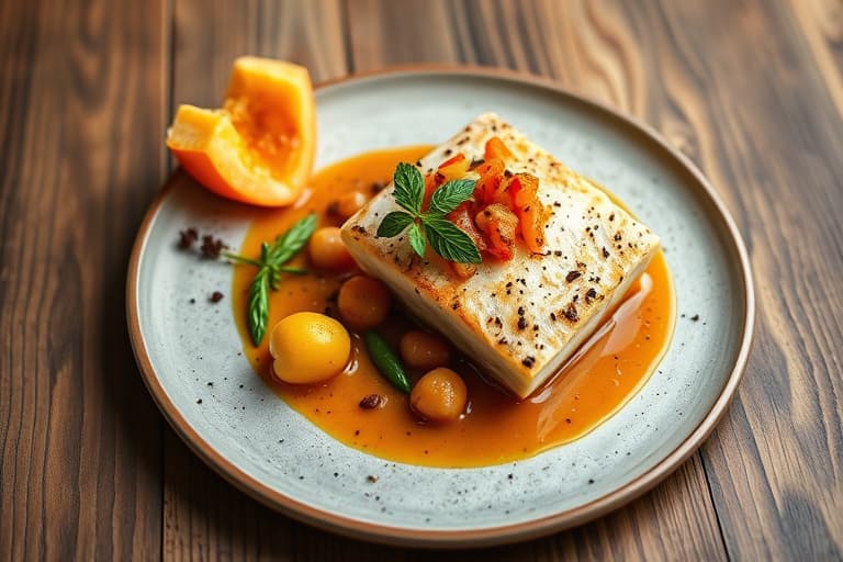 Saltfiskkaker med kremet sennepssaus, krydret appelsin- og chili-saus, ananaschutney og revet squashsalat