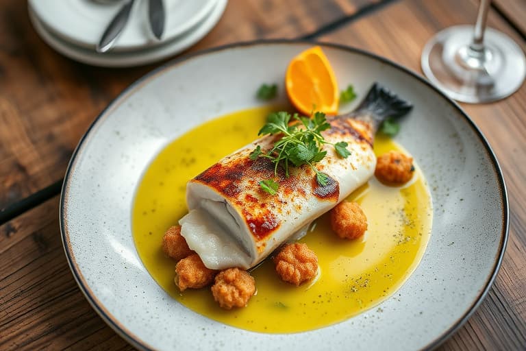 Steinbakt sole med hvitvins- og sennepssaus, zucchini-fritters og ris almandine med tranebær