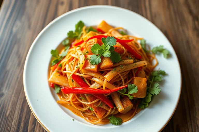 Isbergsalat med gulrot- og ingfærsoyadressing, servert med koriander og røde thailandske chili.