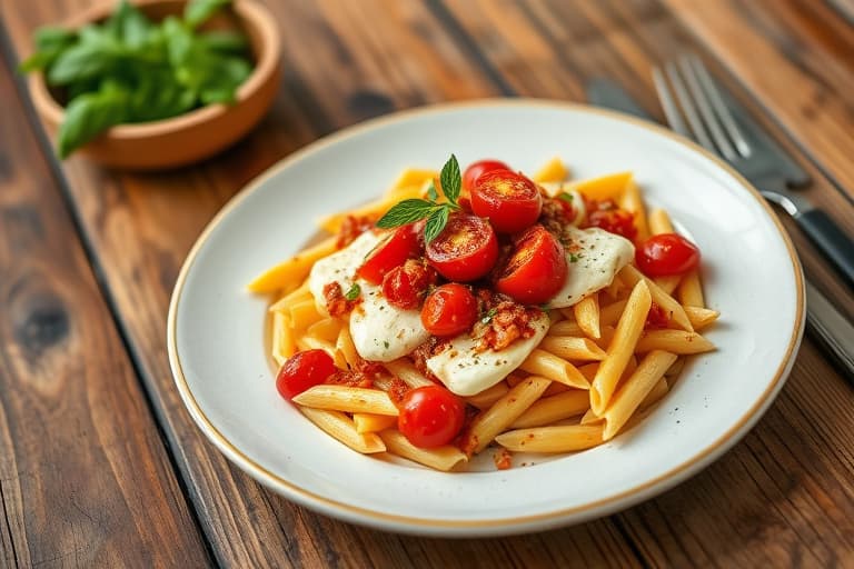 Moro i solen – Alfredo med soltørkede tomater over penne, servert med cajun-kylling.