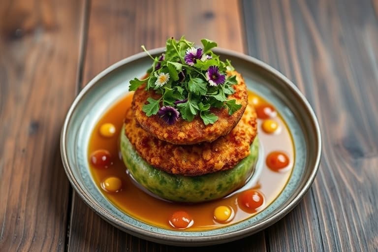 Fried Green Tomato Stack med Kentucky Tomme på en fersk tomatconcassé, toppet med babyruccola, pyntet med nasturtiumsblomster