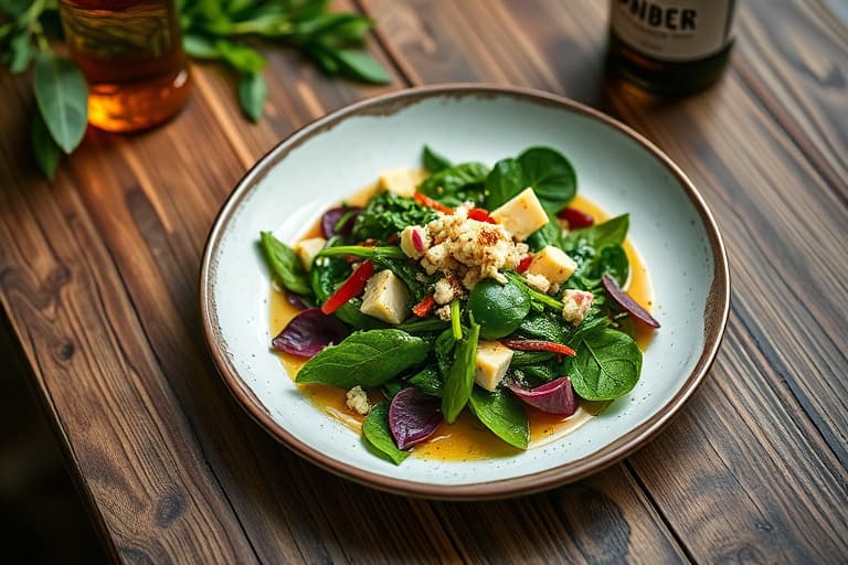 Baby Greens, eple- og røkt kylling med gouda- og pepperjackostsalat, servert med Amber Bock-dressing