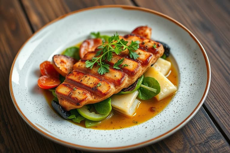 Grillet kyllingbryst med ville grønnsaker, brenneslepesto og grillet flatbrød fra Lightning Tree Farm