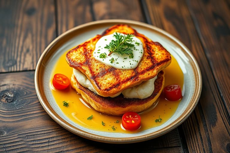 Monte Cristo-frittata, grillede ananasstaver med krystallisert ingefær og pumpernickelbrød med honning-rosmarin-ricotta
