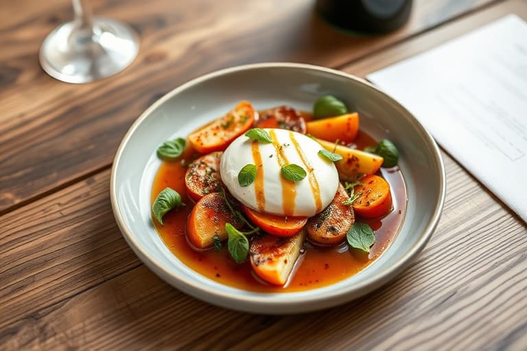 Ferskener med burrata, basilikum og bringebærsirup med balsamico