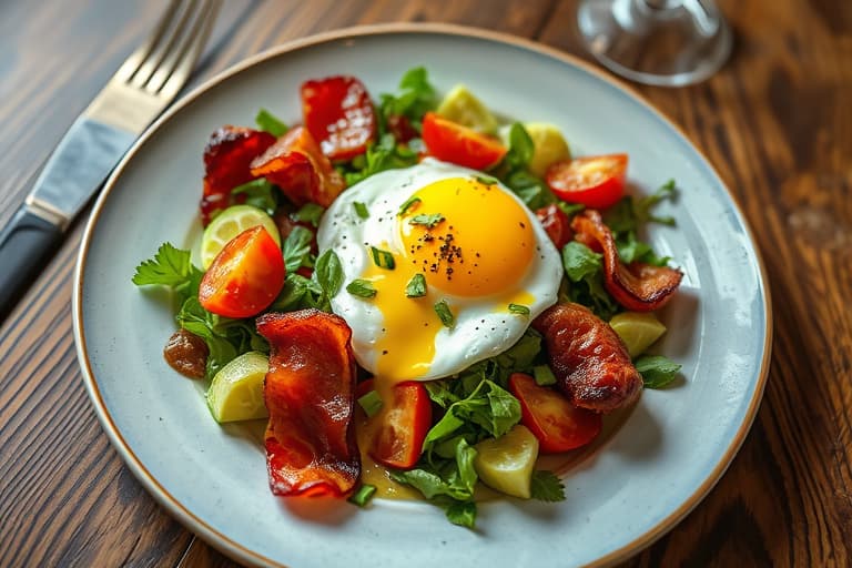 Varm kyllingsalat med bacon og egg, servert med majonesdressing