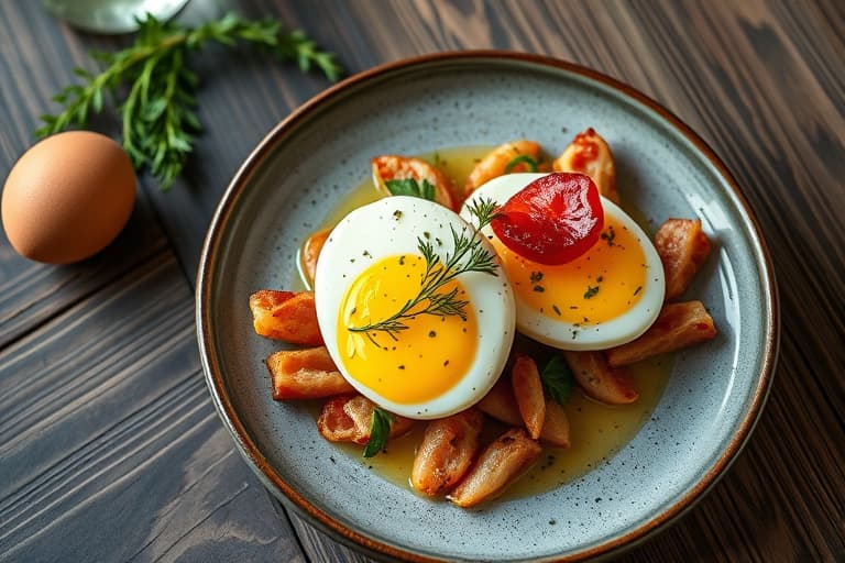 Dill-infuserte eggerøre med sprøtt baconstrøssel