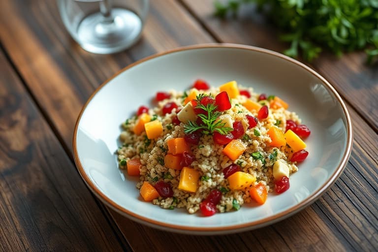 Ikke-tradisjonell tabbouleh-salat med ananas og granateplefrø
