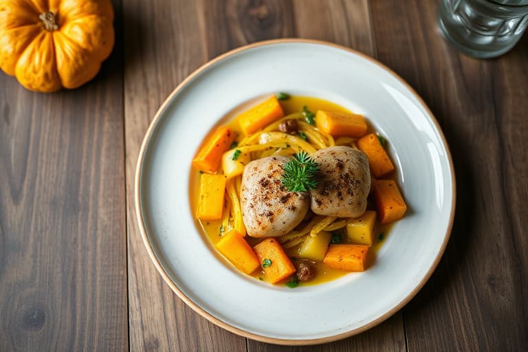 Pannegrillet svinekjøtt med squash- og hvitløksbånd