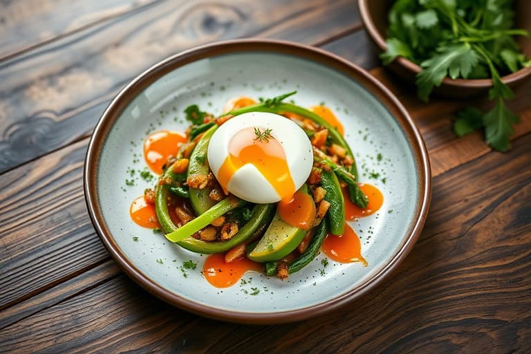 Poached egg og kyllingsalat med koreansk Gochujang-vinaigrette