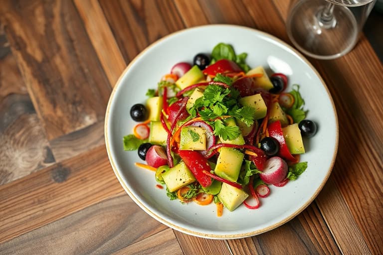 Avokadosalat med hjerter av palme og rødløk, servert med korianderdressing