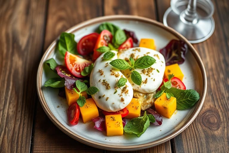 Mango- og radicchio-caprese med basilikumvinaigrette