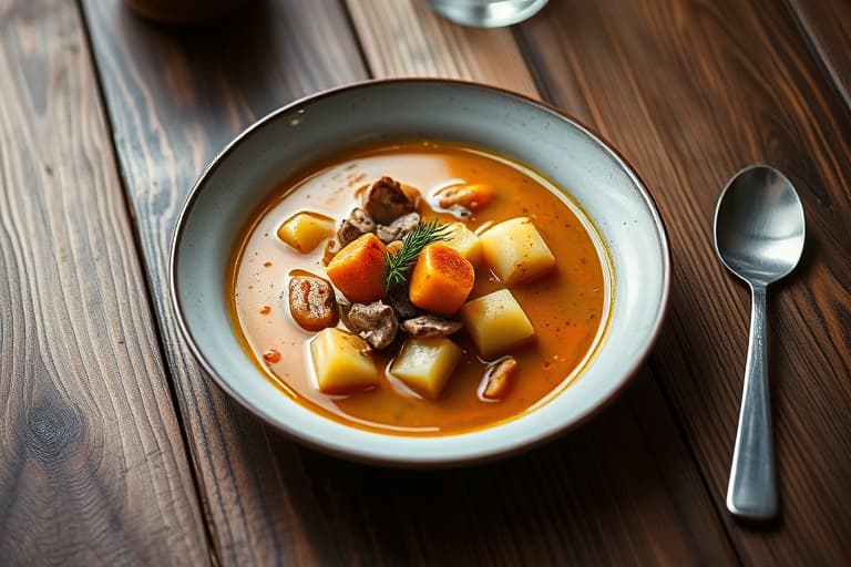 Oksehalssuppe med løk og bygg