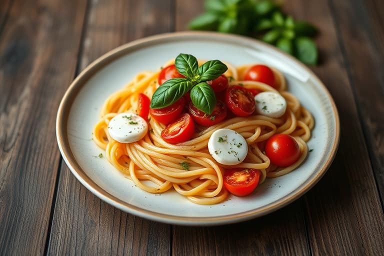 Pasta med tomater, mozzarella og basilikum