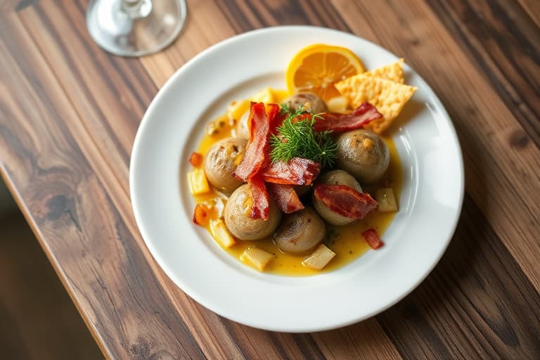 Stekte poteter med bacon, ost og persille