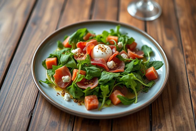 Arugula med brulée-figer, ricotta, prosciutto og røkt marzipan