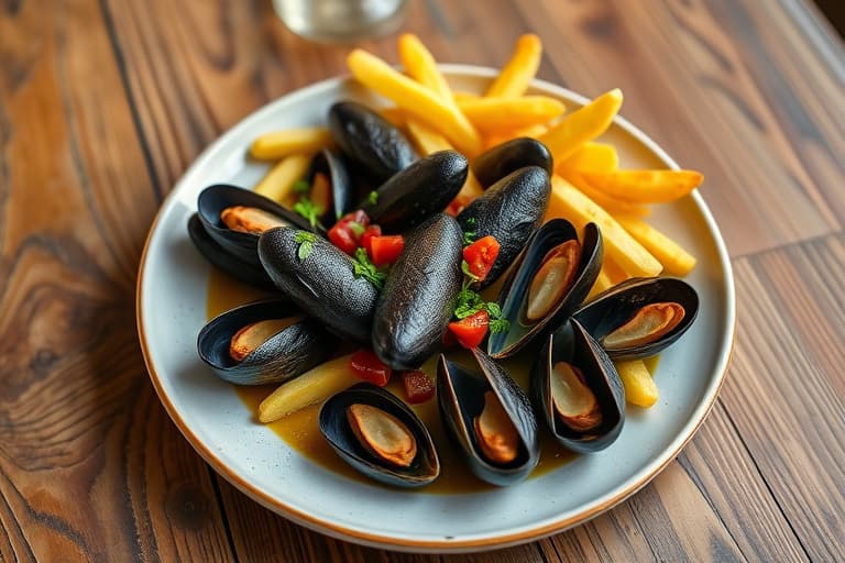 Muslinger og pommes frites med sennepsmajones