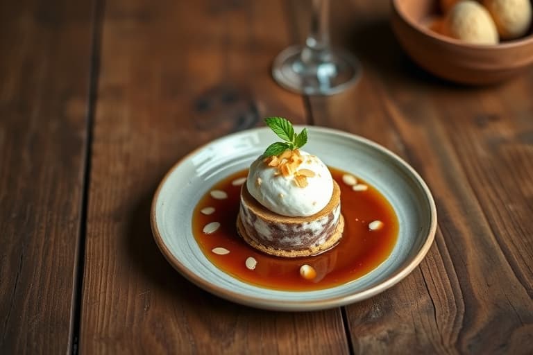 Almond Ice Cream Terrin med sjokoladetrøfler og bringebærsaus