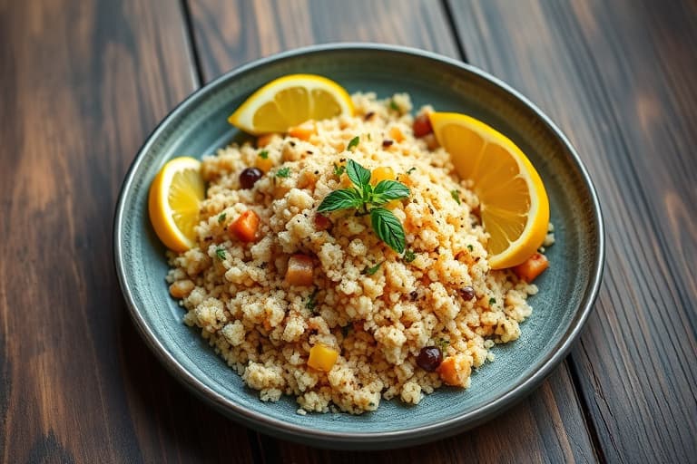 Israelsk couscous, erter, konserverte sitroner, mynte og geitost